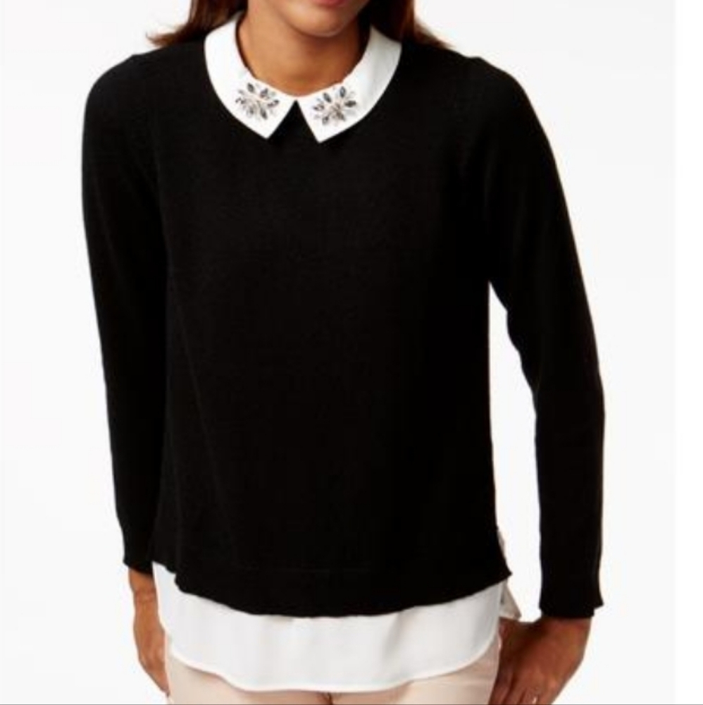 CHARTER CLUB Pure Cashmere Embellished Layered-Look Sweater Large Black & White